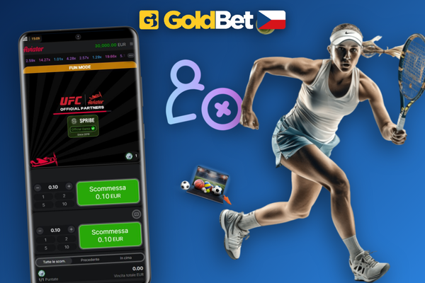 Hráč drží smartphone s Aviator hrou v Goldbet Casino a tlačítkem Cash Out