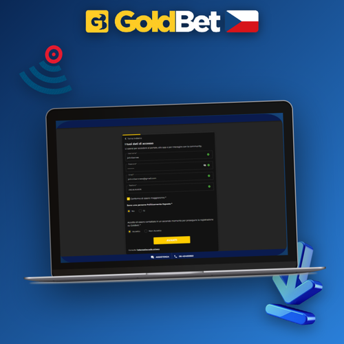 Goldbet Casino registrace – formulář na notebooku v tmavě-zlatém designu